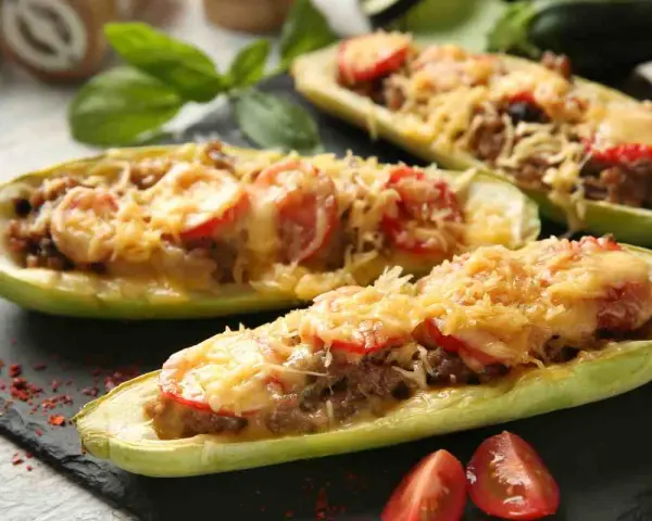 Zucchine tonde ripiene, un piatto gustoso con carne macinata, pomodoro e formaggio fuso, pronto per essere gustato.