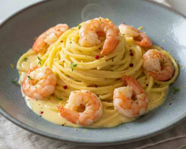 Un piatto di tagliolini al limone con gamberi succulenti, guarnito con erbe aromatiche e pepe rosa.