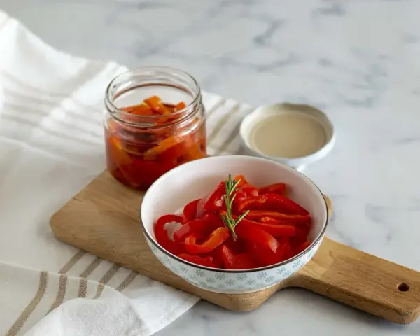 Peperoni sott'olio in una ciotola e in un barattolo, pronti per essere gustati. Un rametto di rosmarino decora i peperoni.
