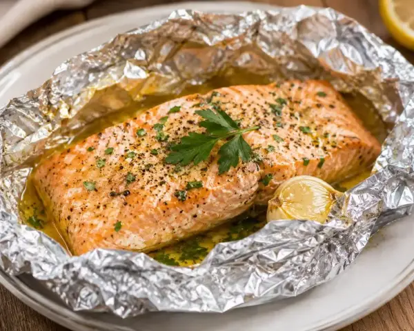 Succulento salmone al cartoccio, cotto con aglio e prezzemolo, pronto per essere gustato.