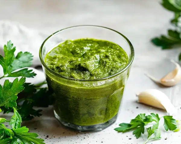 Un bicchiere di vibrante salsa verde, con prezzemolo fresco e spicchi d'aglio sullo sfondo.