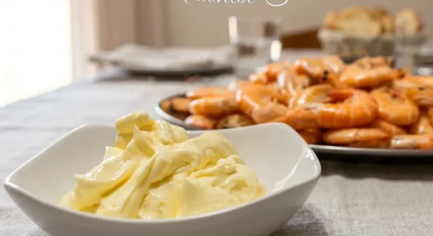 Una ciotola di maionese fatta in casa, perfetta per accompagnare gamberi e pane. Una maionese ricetta facile e veloce.