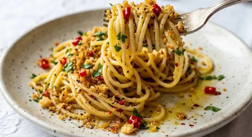 Spaghetti con acciughe e pangrattato, un piatto semplice ma gustoso, con un tocco di peperoncino e prezzemolo fresco.