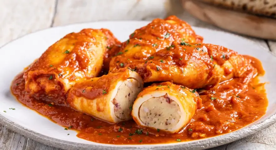 Calamari ripieni in padella, soffocati in un sugo rosso saporito, con un ripieno visibile e prelibato.