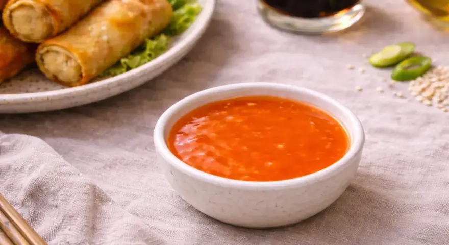 Una ciotola di salsa agrodolce arancione brillante, perfetta per accompagnare involtini primavera dorati.