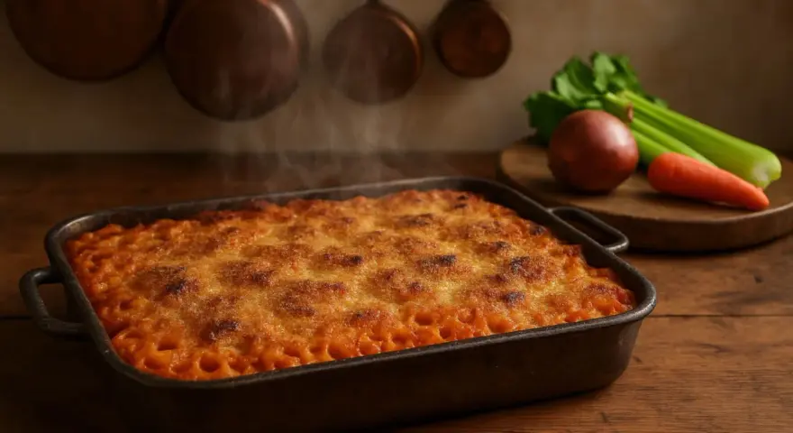Anelletti alla siciliana fumanti in teglia, con ingredienti freschi sullo sfondo.