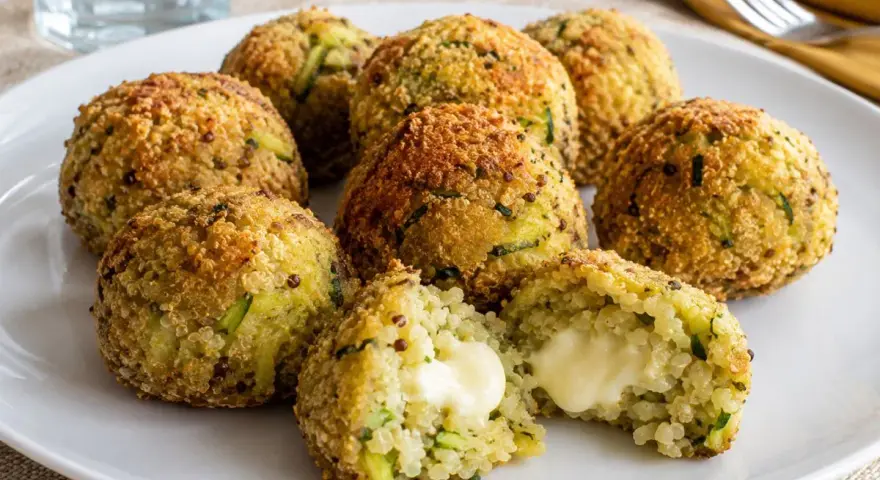 Polpette di zucchine in friggitrice ad aria, croccanti fuori e morbide dentro, con un cuore filante di formaggio.