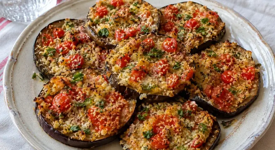Fette di melanzane ripiene in friggitrice ad aria, condite con pomodorini e pangrattato, pronte per essere gustate.