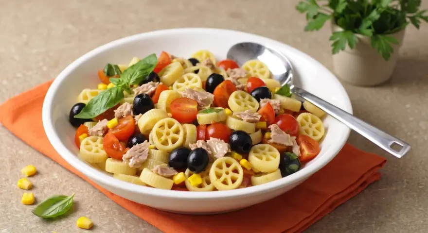 Un piatto invitante di pasta fredda tonno con pomodorini, olive nere, mais e basilico fresco. Perfetta per un pranzo estivo.