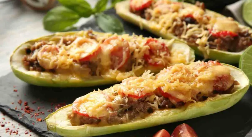 Zucchine tonde ripiene, un piatto gustoso con carne macinata, pomodoro e formaggio fuso, pronto per essere gustato.