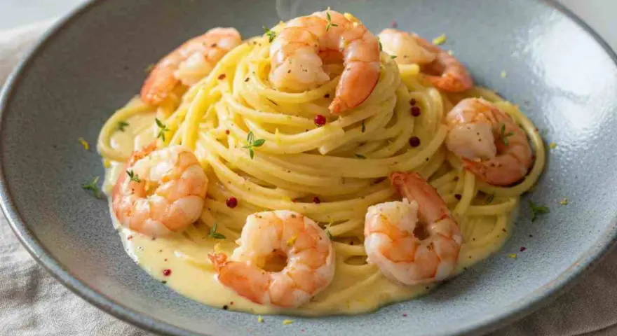 Un piatto di tagliolini al limone con gamberi succulenti, guarnito con erbe aromatiche e pepe rosa.