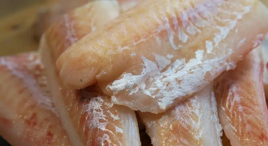 Tranci di palombo freschi e succulenti, pronti per essere cucinati. La carne bianca e rosata promette un sapore delicato.