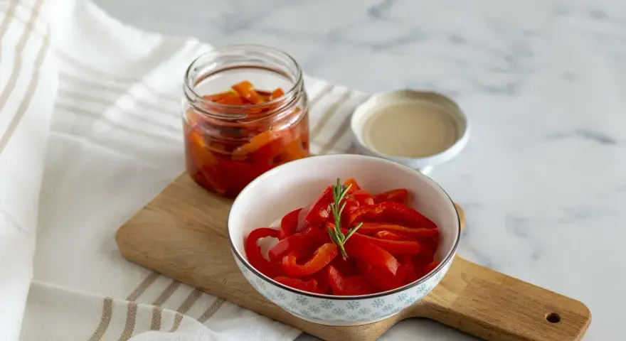 Peperoni sott'olio in una ciotola e in un barattolo, pronti per essere gustati. Un rametto di rosmarino decora i peperoni.