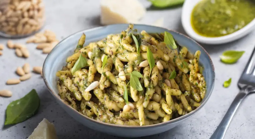 Un piatto di trofie al pesto, condite con basilico fresco, pinoli e parmigiano. Una ricetta classica e gustosa.