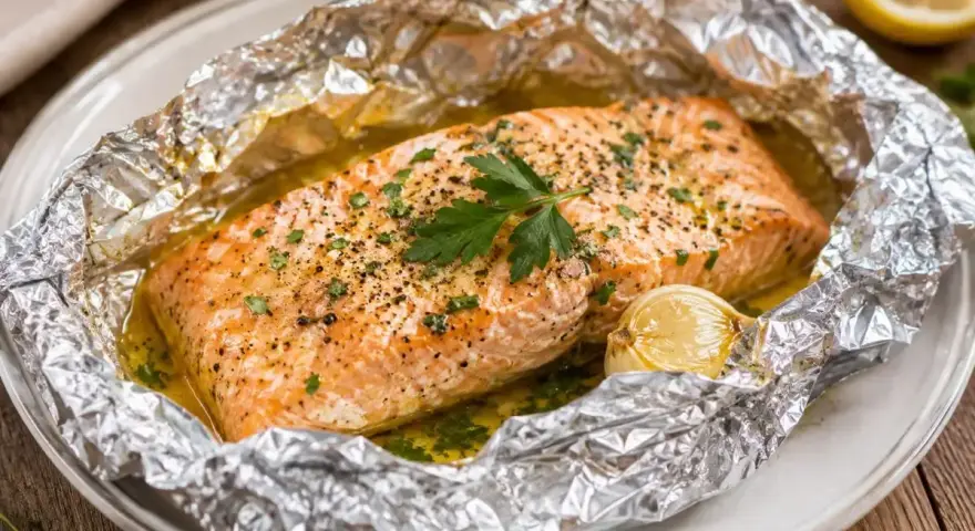 Succulento salmone al cartoccio, cotto con aglio e prezzemolo, pronto per essere gustato.