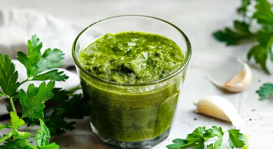 Un bicchiere di vibrante salsa verde, con prezzemolo fresco e spicchi d'aglio sullo sfondo.