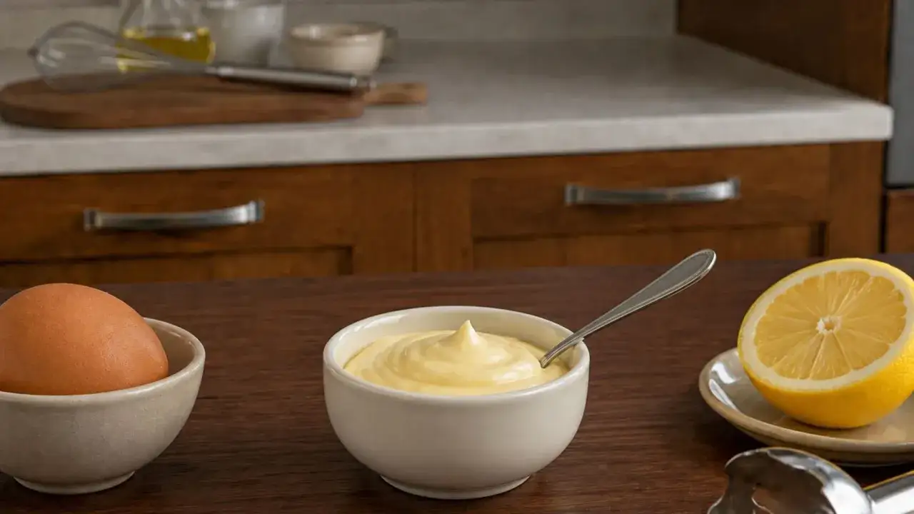 Una ciotola di maionese fatta in casa, con un uovo, un limone e un frullatore a immersione, pronti per la maionese ricetta.
