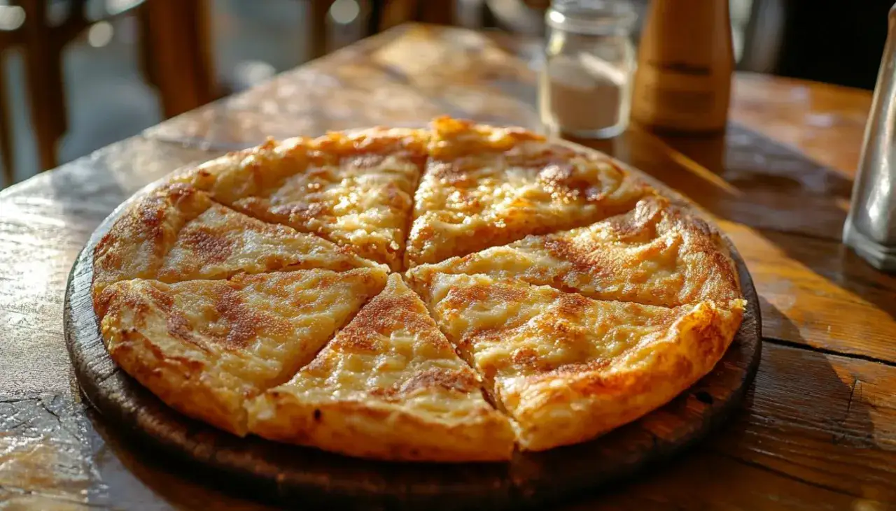 Cecina ricetta: una torta salata dorata e invitante, tagliata a spicchi su un tavolo di legno.