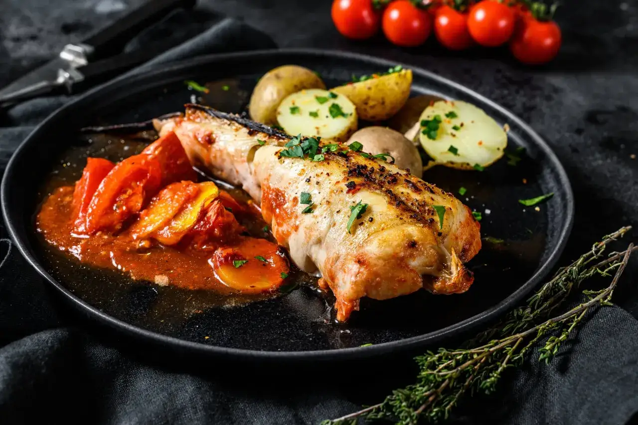 Coda di rospo al forno succulenta, servita con patate novelle e pomodorini confit in salsa rossa.