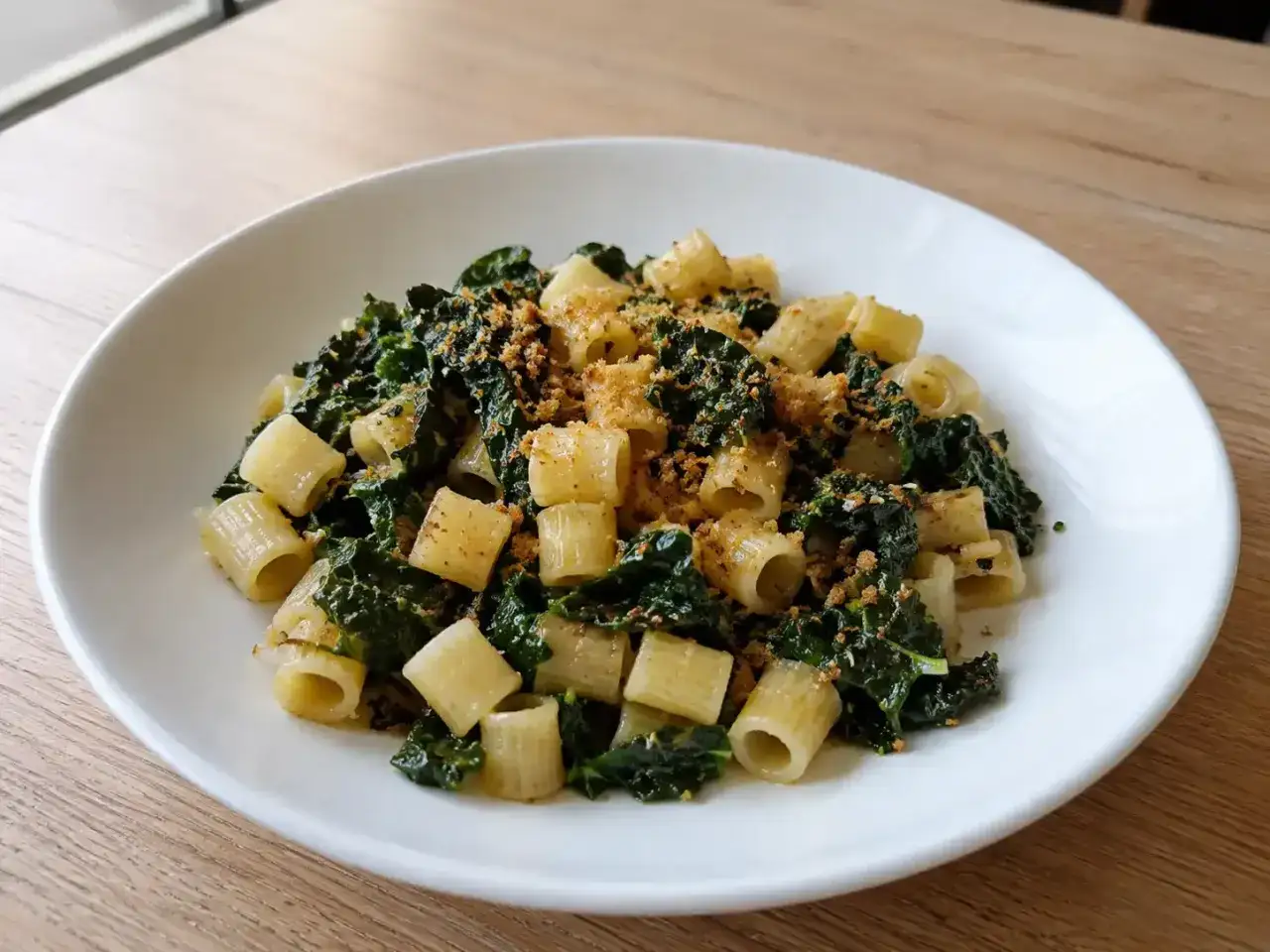 Piatto di pasta con cavolo nero e acciughe, condita con pangrattato croccante.
