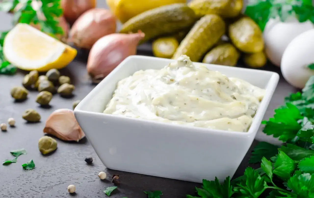 Una cremosa salsa remoulade in una ciotola bianca, con ingredienti freschi come limone, capperi, cetriolini e prezzemolo.