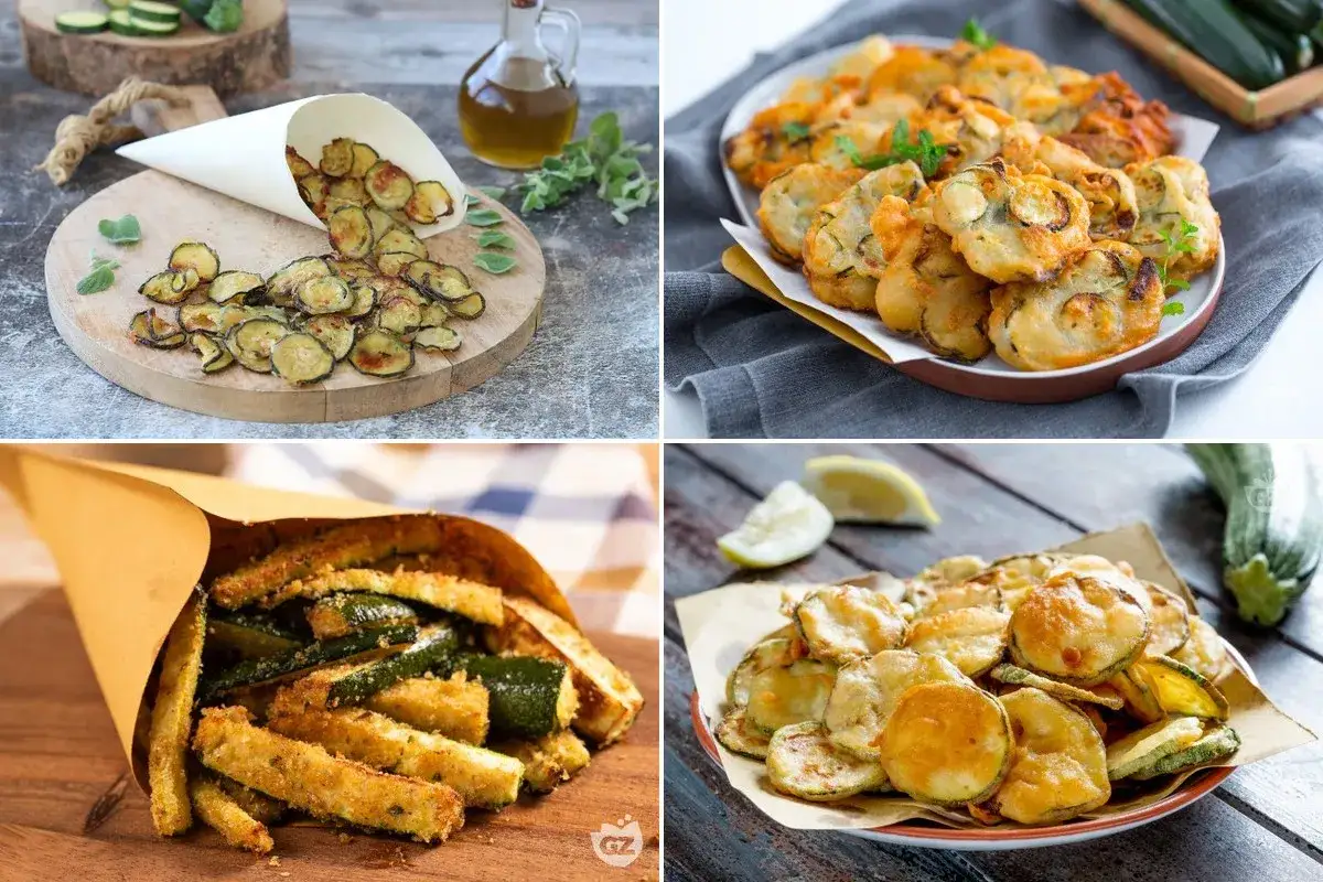 Quattro modi per gustare il contorno di zucchine: fritte, impanate, a bastoncino e chips croccanti.