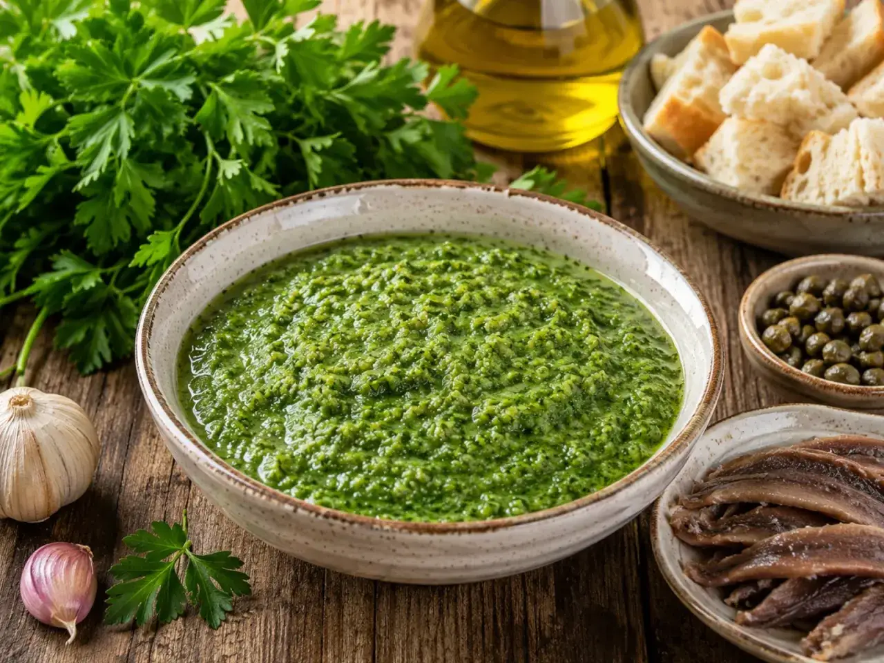Un invitante bagnetto verde piemontese, fresco e profumato, pronto per condire pasta o bruschette. Accanto, ingredienti freschi: aglio, prezzemolo, capperi, acciughe e pane.