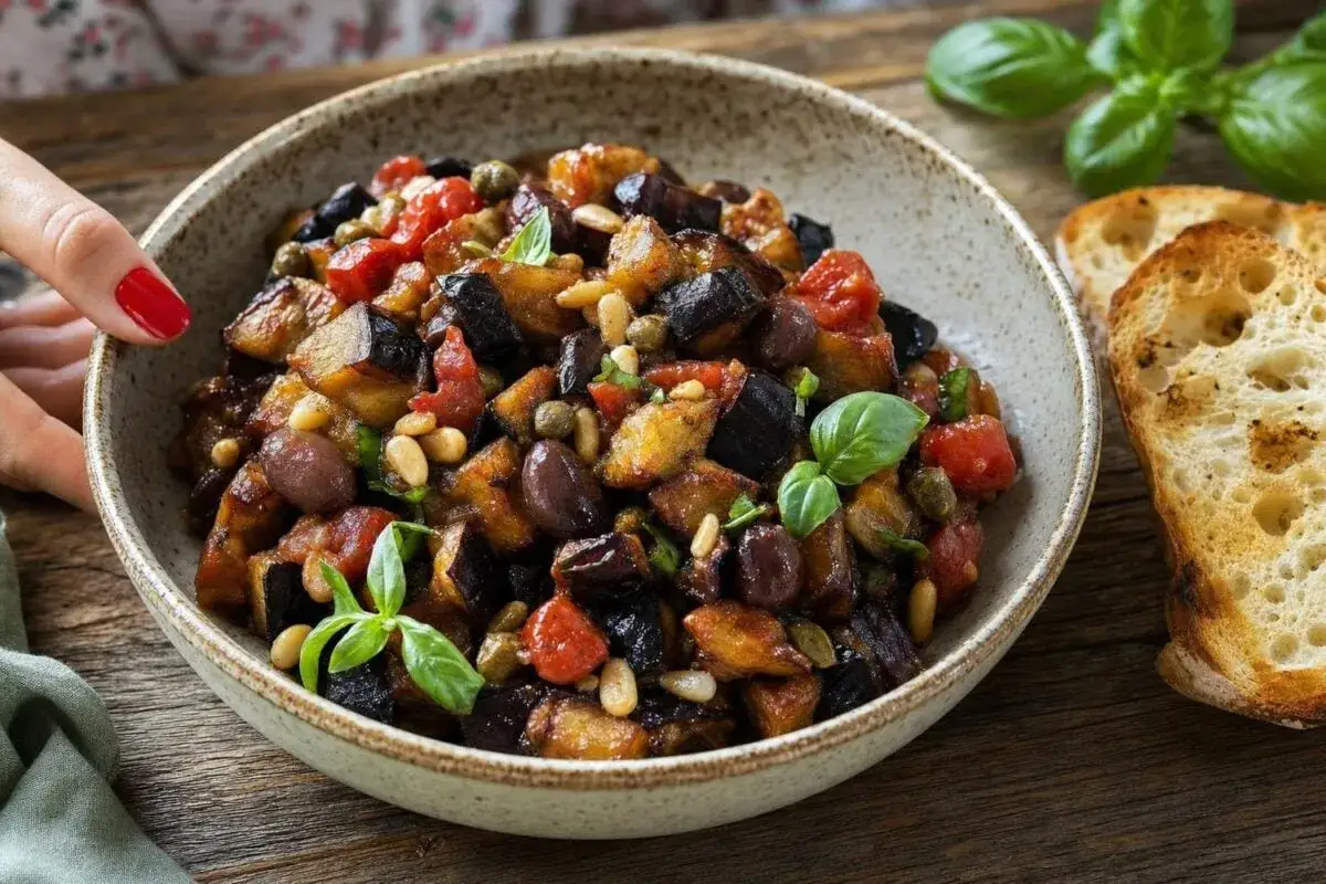 Un invitante piatto di caponata siciliana, con melanzane, pomodori, olive e pinoli, guarnito con basilico fresco.