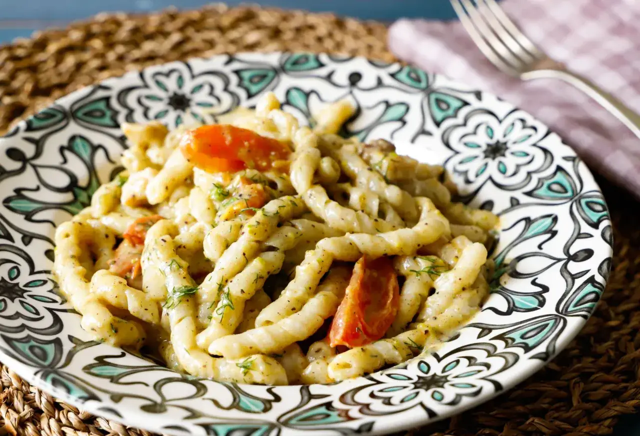 Pasta cremosa con pomodorini e un tocco di pesto di pistacchio, guarnita con erbe fresche.