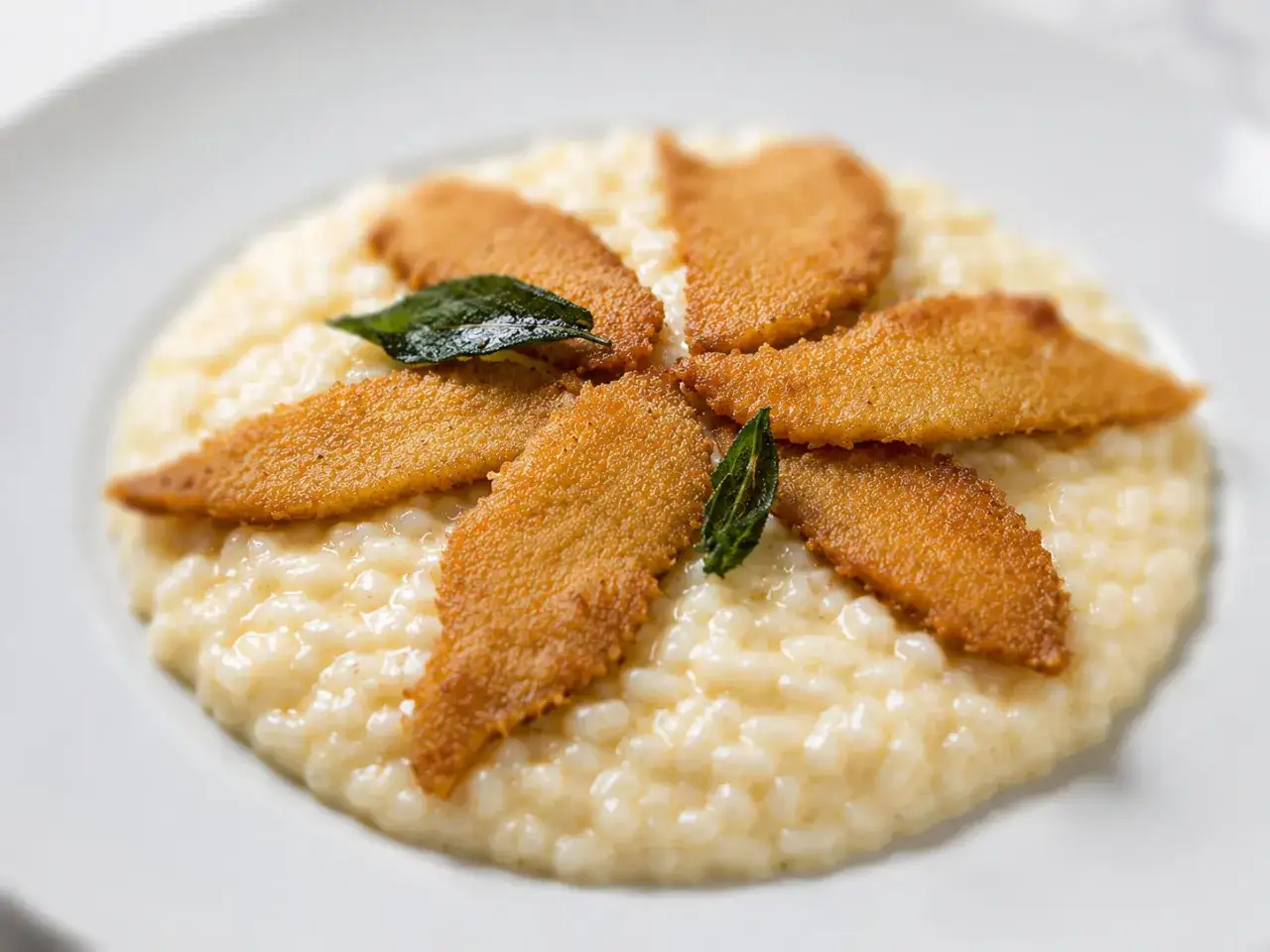 Delizioso risotto al pesce persico, guarnito con croccanti filetti dorati e foglie di salvia fresca.