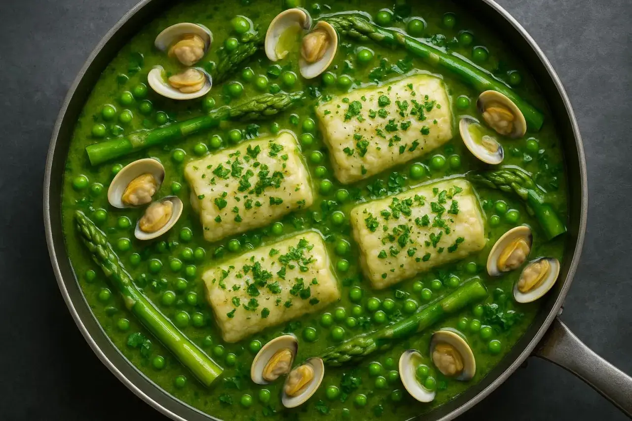 Filetti di pesce in salsa verde con piselli, asparagi e vongole. Un piatto colorato e saporito.