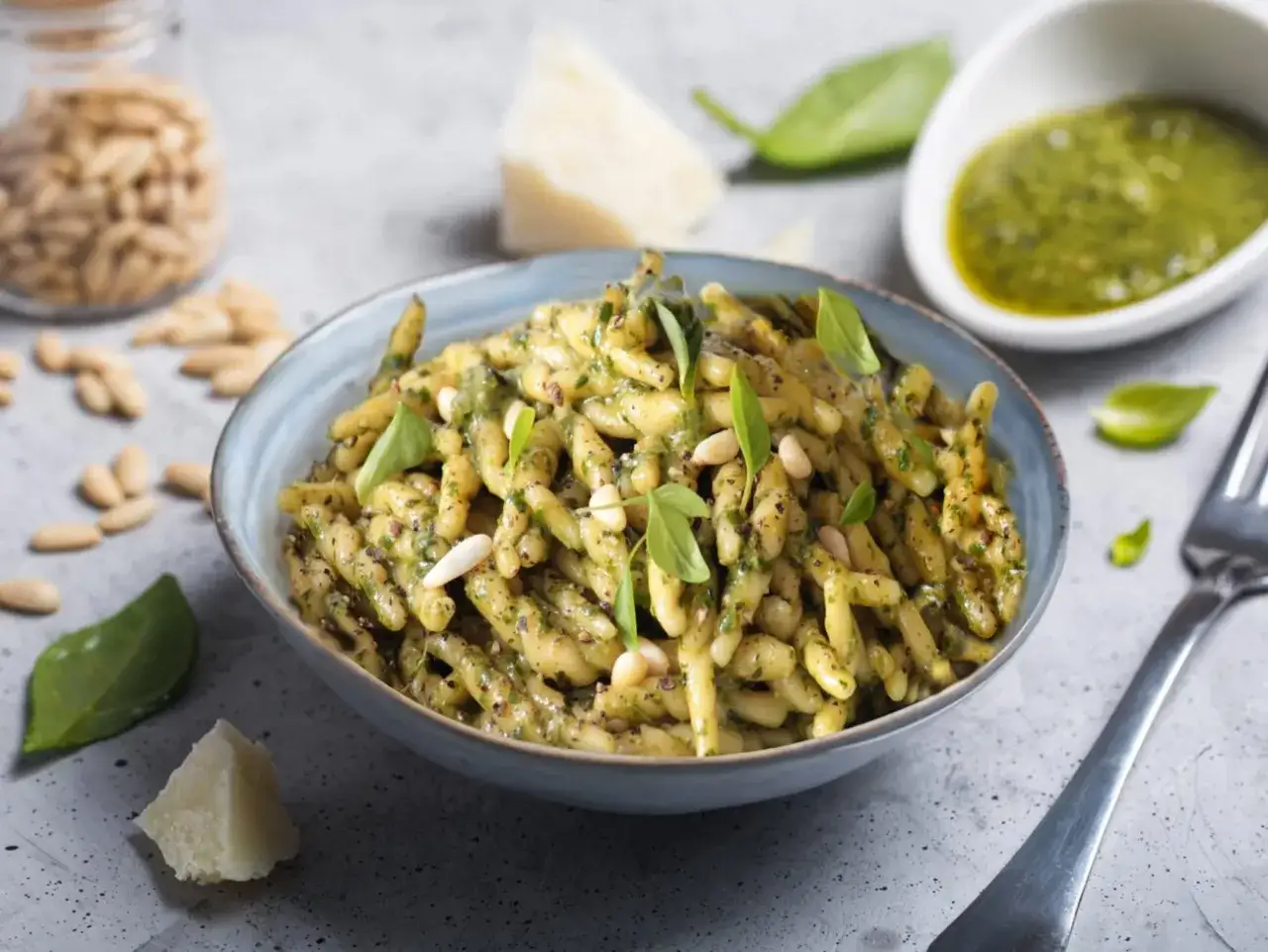 Piatto di trofie al pesto, guarnito con pinoli e basilico fresco. Ingredienti per una ricetta pesto perfetta.