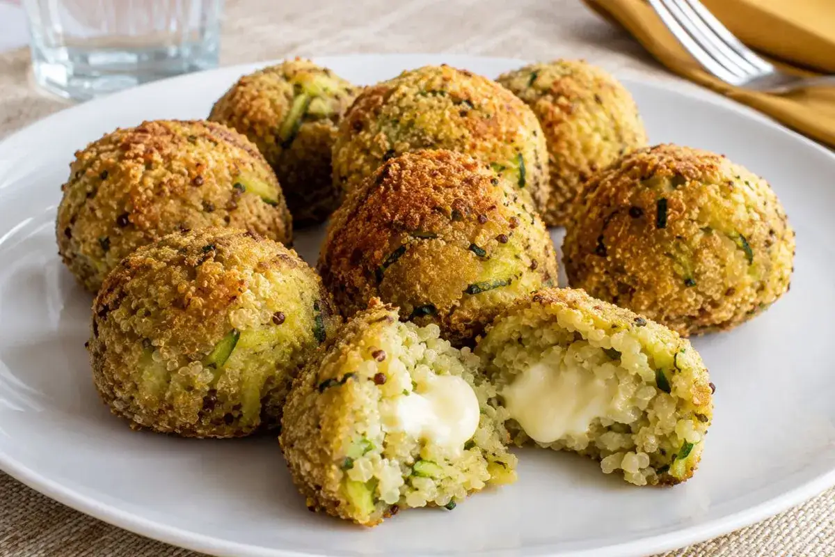 Polpette di zucchine in friggitrice ad aria, croccanti fuori e morbide dentro, con un cuore filante di formaggio.