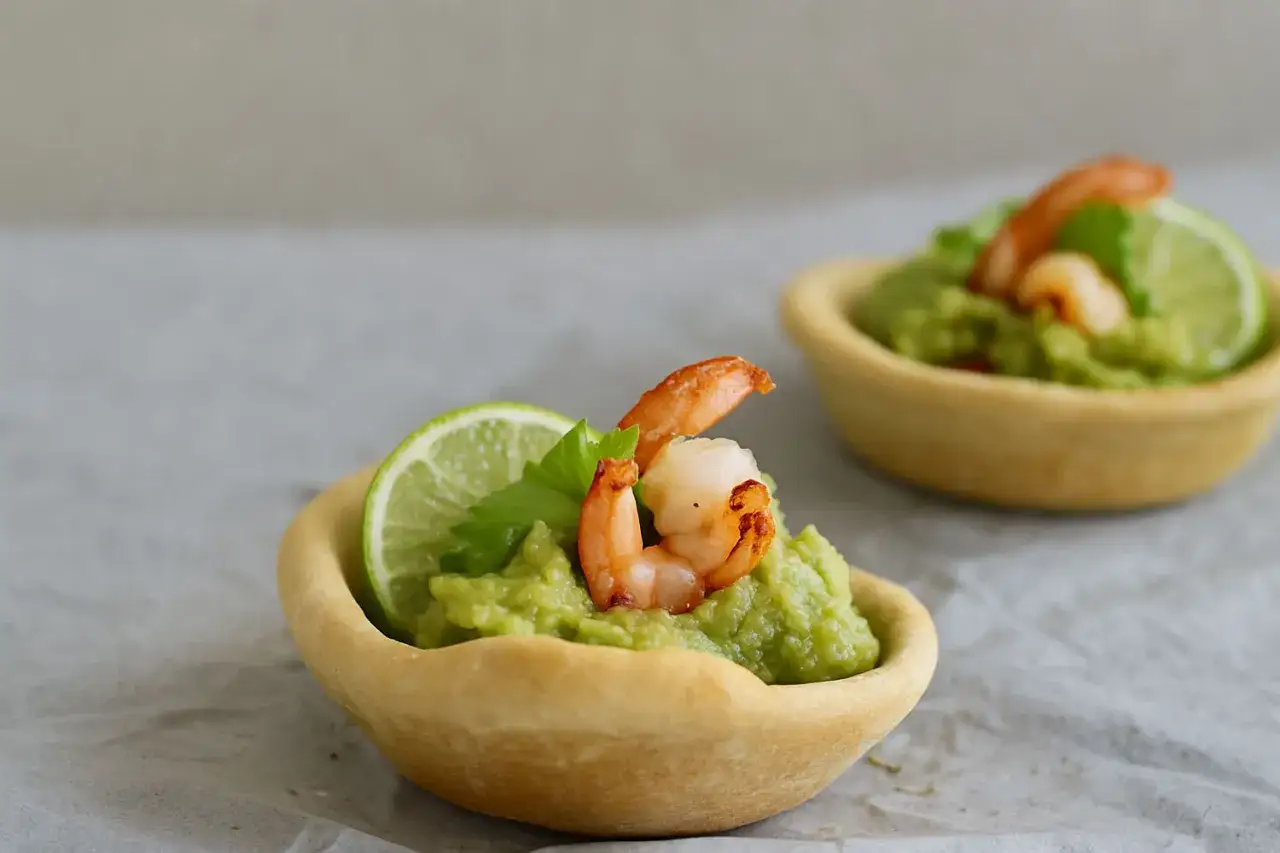 Delizioso finger food gamberi su crema di avocado, guarnito con lime e prezzemolo.