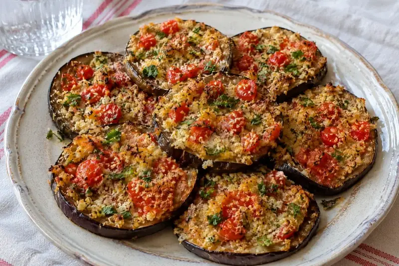 Fette di melanzane ripiene in friggitrice ad aria, condite con pomodorini e pangrattato, pronte per essere gustate.