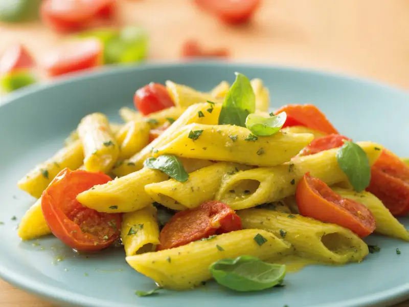 Penne al pesto con pomodorini freschi e basilico, un piatto colorato e saporito.